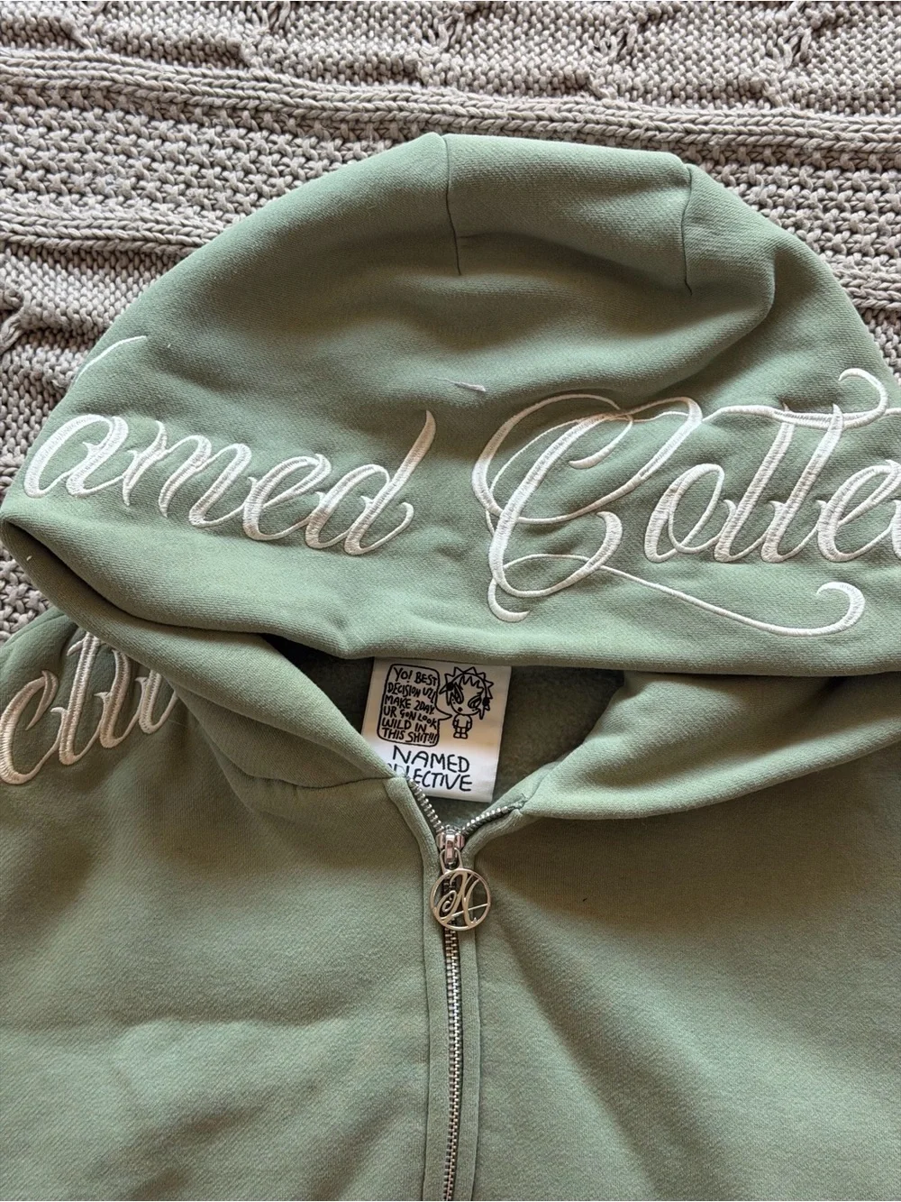 Rare Named Collective Script-Embroidered Olive Zip-Up Hooded Sweater